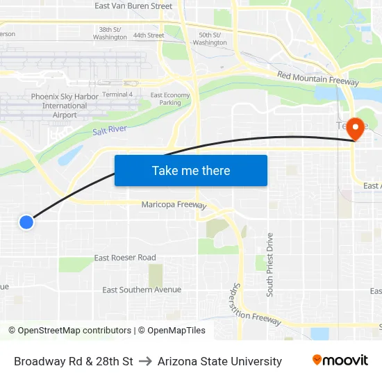 Broadway Rd & 28th St to Arizona State University map