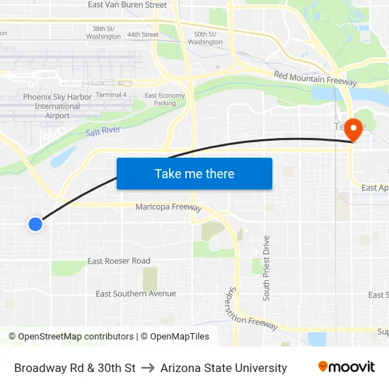 Broadway Rd & 30th St to Arizona State University map