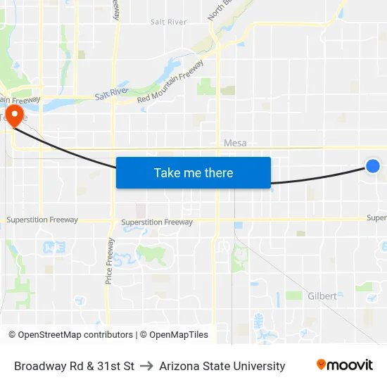 Broadway Rd & 31st St to Arizona State University map