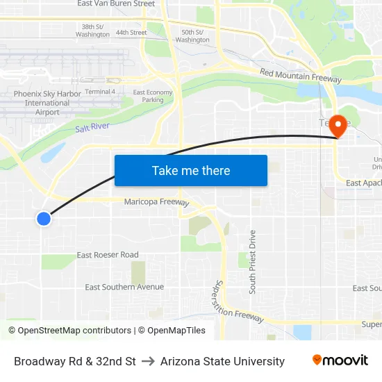 Broadway Rd & 32nd St to Arizona State University map