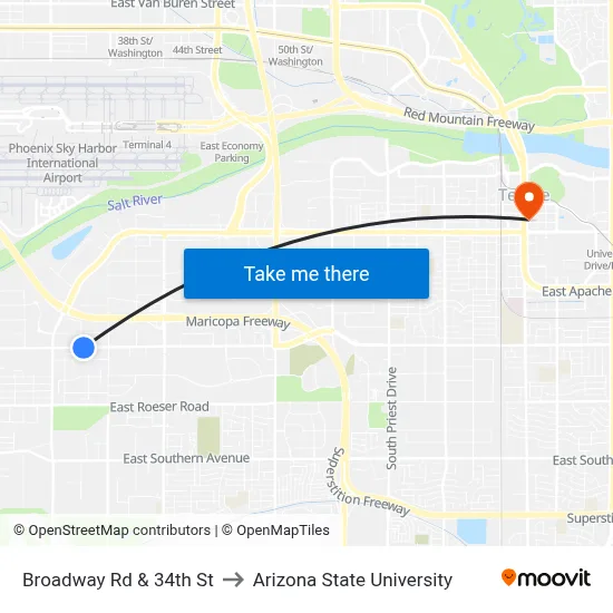 Broadway Rd & 34th St to Arizona State University map