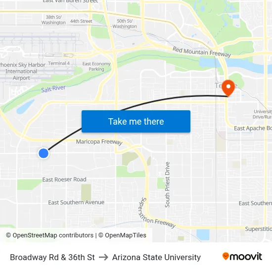 Broadway Rd & 36th St to Arizona State University map