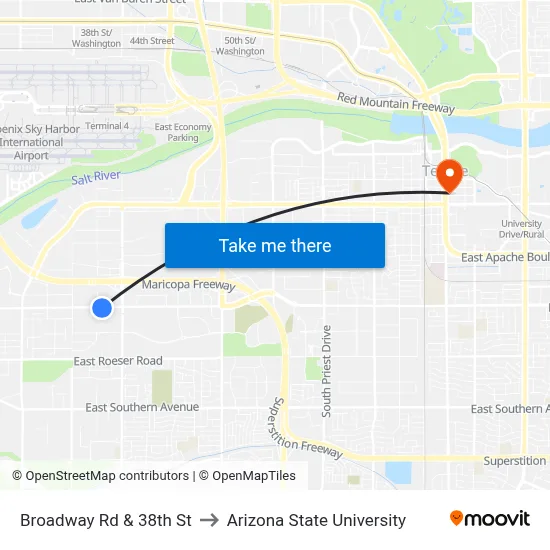 Broadway Rd & 38th St to Arizona State University map