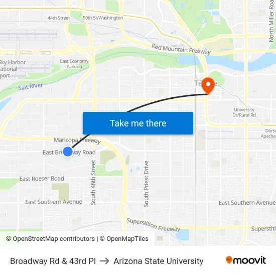 Broadway Rd & 43rd Pl to Arizona State University map