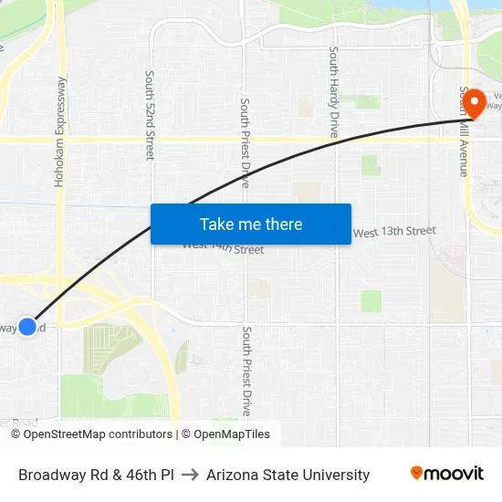 Broadway Rd & 46th Pl to Arizona State University map