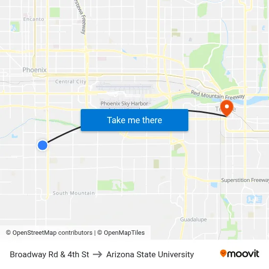 Broadway Rd & 4th St to Arizona State University map
