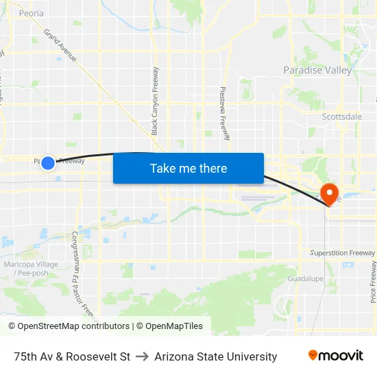 75th Av & Roosevelt St to Arizona State University map