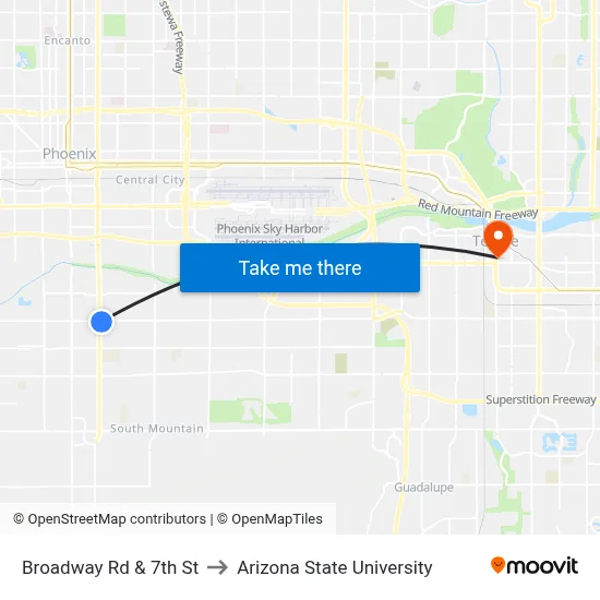 Broadway Rd & 7th St to Arizona State University map