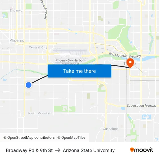 Broadway Rd & 9th St to Arizona State University map