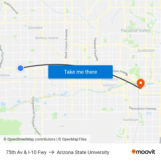 75th Av & I-10 Fwy to Arizona State University map