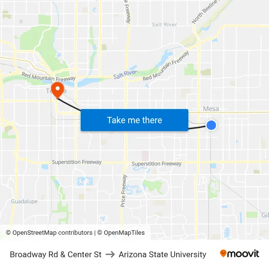 Broadway Rd & Center St to Arizona State University map
