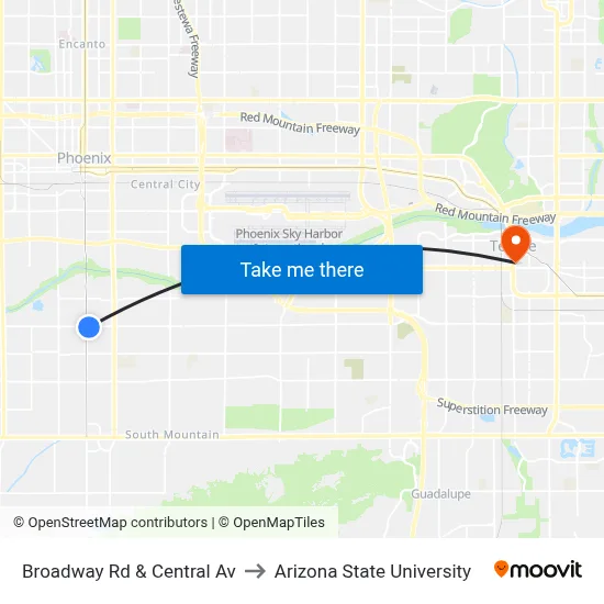 Broadway Rd & Central Av to Arizona State University map