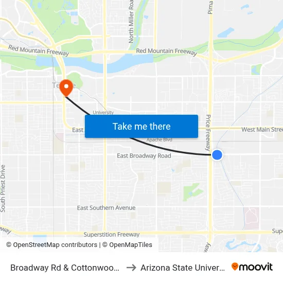 Broadway Rd & Cottonwood Dr to Arizona State University map