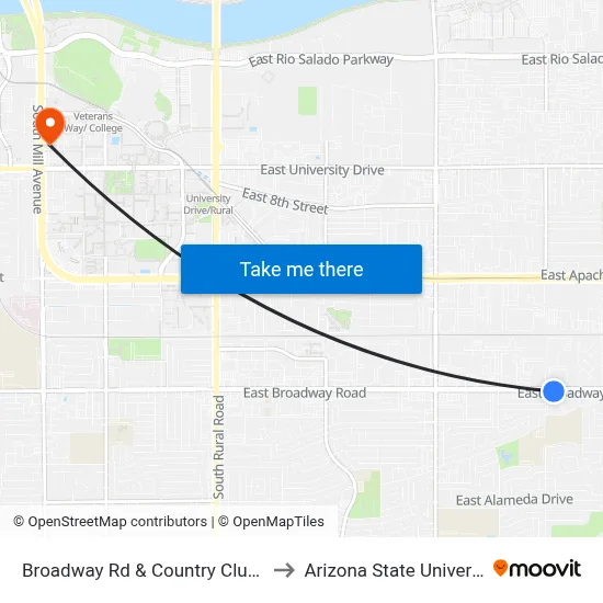 Broadway Rd & Country Club Wy to Arizona State University map