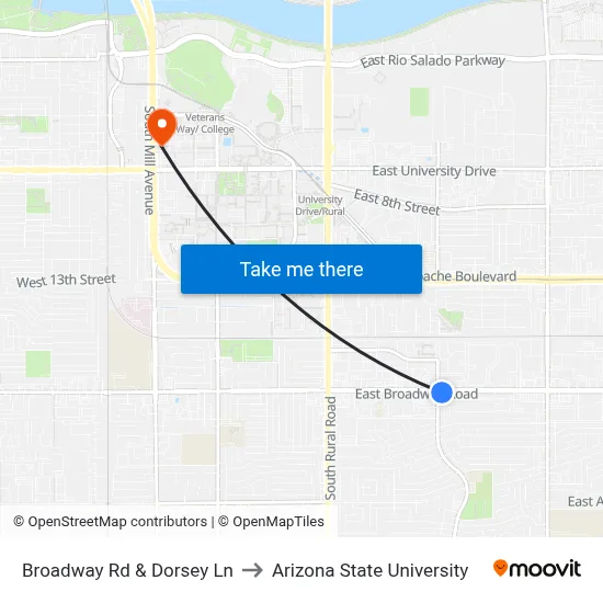 Broadway Rd & Dorsey Ln to Arizona State University map