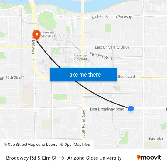 Broadway Rd & Elm St to Arizona State University map