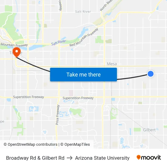 Broadway Rd & Gilbert Rd to Arizona State University map