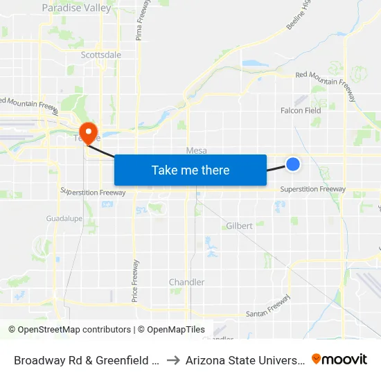 Broadway Rd & Greenfield Rd to Arizona State University map