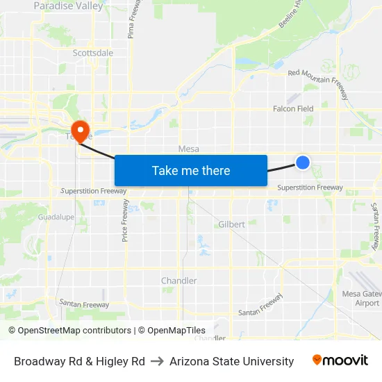Broadway Rd & Higley Rd to Arizona State University map