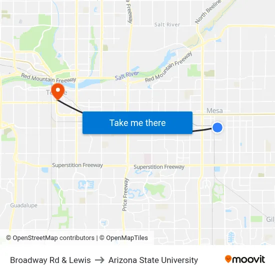 Broadway Rd & Lewis to Arizona State University map