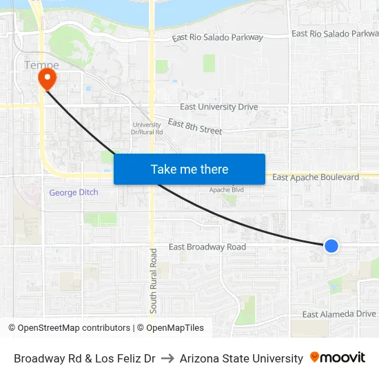 Broadway Rd & Los Feliz Dr to Arizona State University map