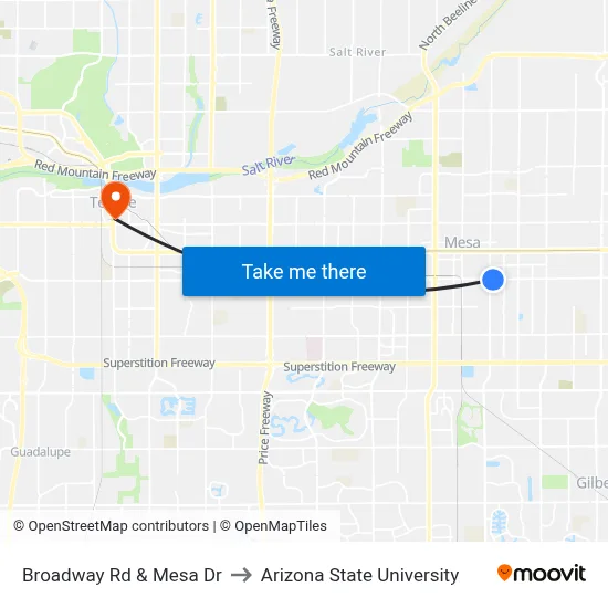 Broadway Rd & Mesa Dr to Arizona State University map