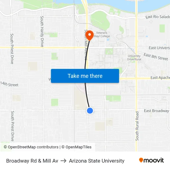 Broadway Rd & Mill Av to Arizona State University map