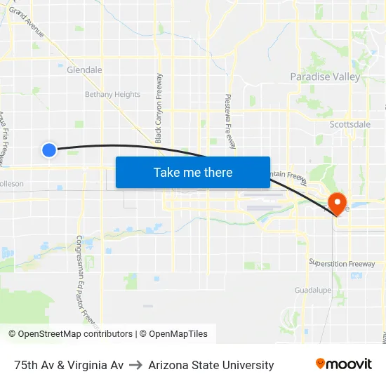 75th Av & Virginia Av to Arizona State University map