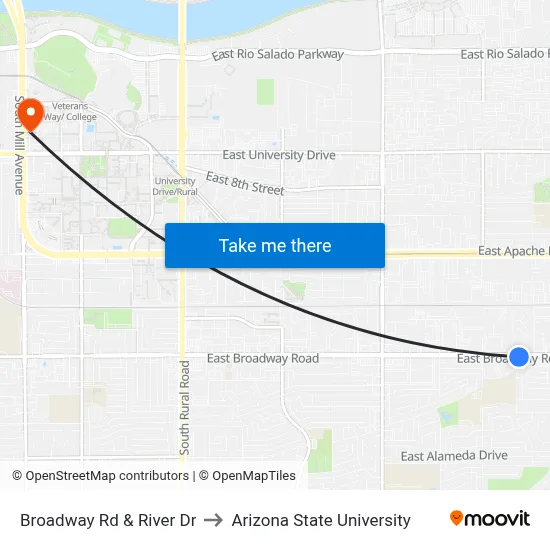 Broadway Rd & River Dr to Arizona State University map