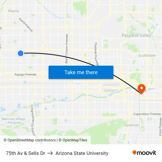 75th Av & Sells Dr to Arizona State University map