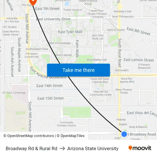 Broadway Rd & Rural Rd to Arizona State University map