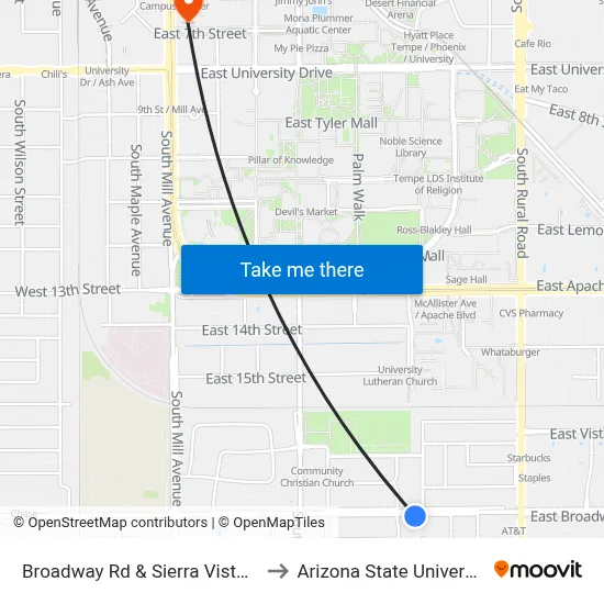 Broadway Rd & Sierra Vista Dr to Arizona State University map