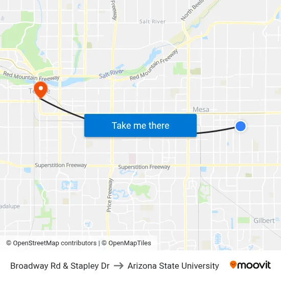 Broadway Rd & Stapley Dr to Arizona State University map