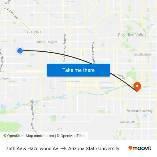 75th Av & Hazelwood Av to Arizona State University map