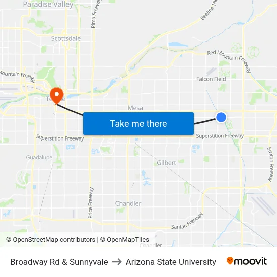 Broadway Rd & Sunnyvale to Arizona State University map