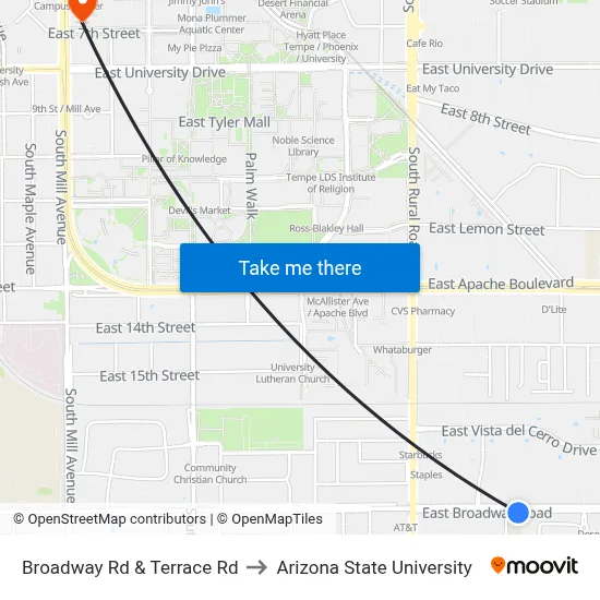 Broadway Rd & Terrace Rd to Arizona State University map
