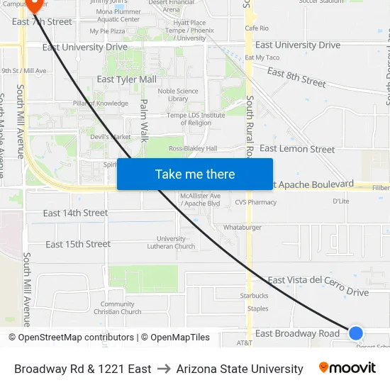 Broadway Rd & 1221 East to Arizona State University map