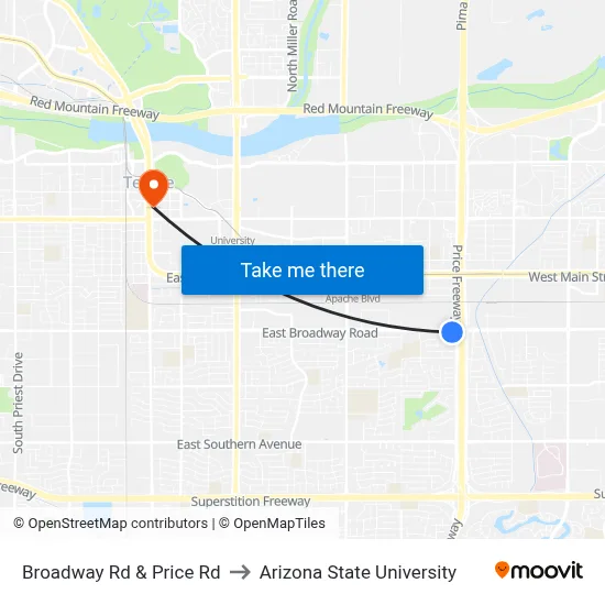 Broadway Rd & Price Rd to Arizona State University map