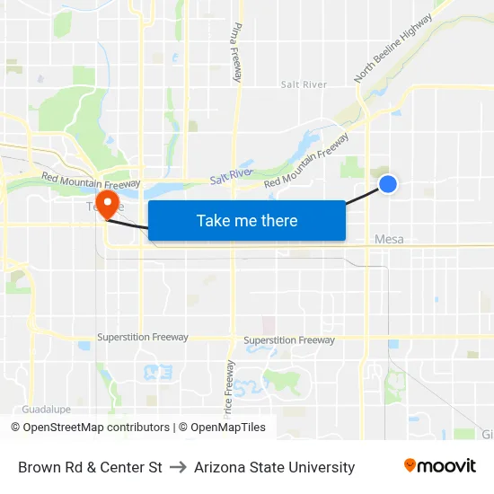 Brown Rd & Center St to Arizona State University map