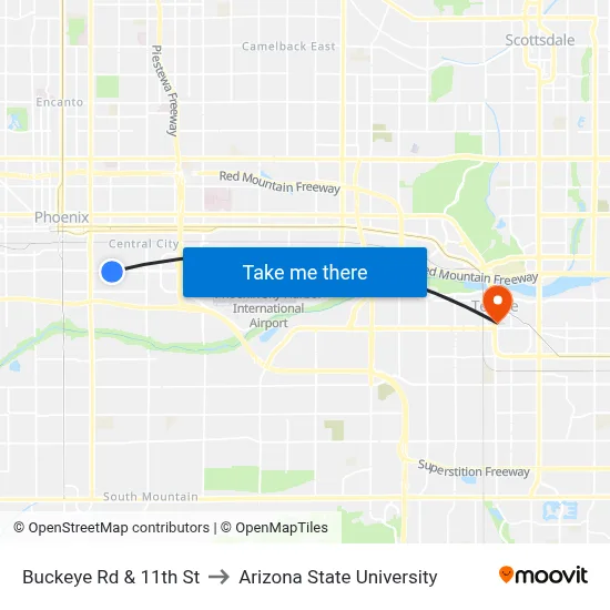 Buckeye Rd & 11th St to Arizona State University map