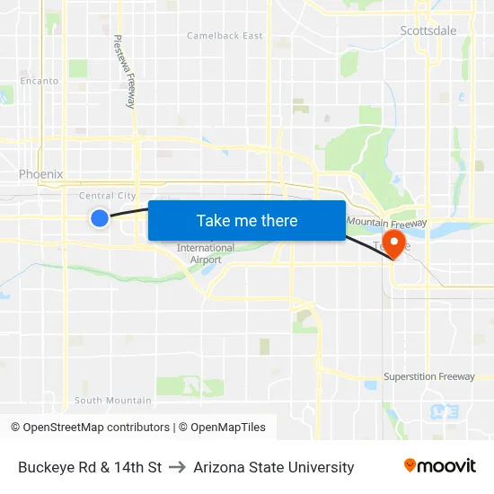Buckeye Rd & 14th St to Arizona State University map