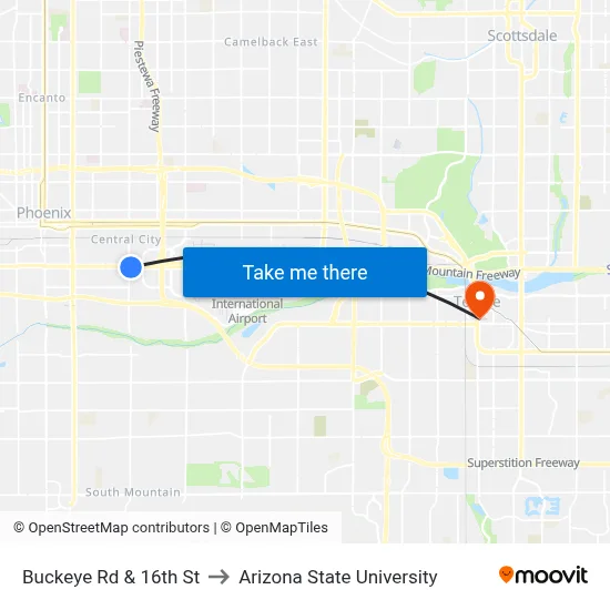 Buckeye Rd & 16th St to Arizona State University map