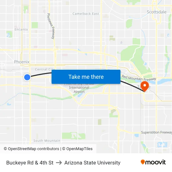 Buckeye Rd & 4th St to Arizona State University map