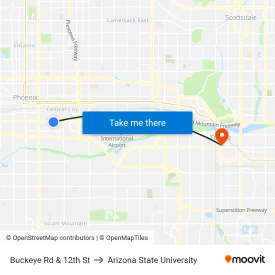 Buckeye Rd & 12th St to Arizona State University map