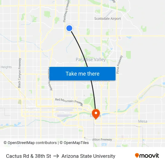 Cactus Rd & 38th St to Arizona State University map