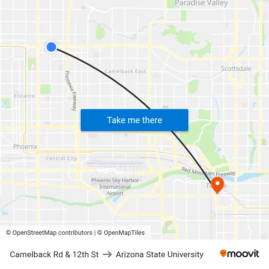 Camelback Rd & 12th St to Arizona State University map