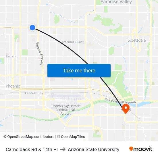 Camelback Rd & 14th Pl to Arizona State University map