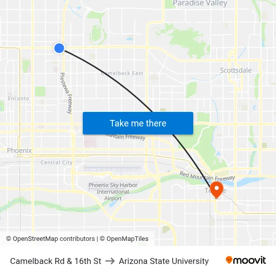 Camelback Rd & 16th St to Arizona State University map