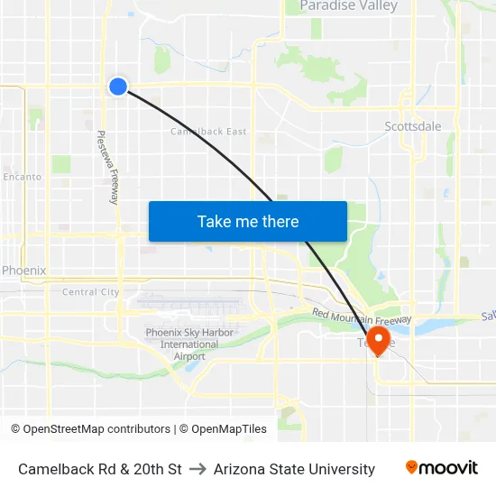 Camelback Rd & 20th St to Arizona State University map