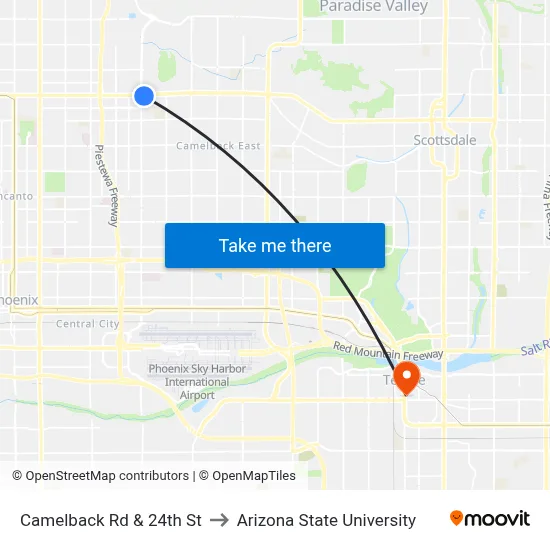 Camelback Rd & 24th St to Arizona State University map